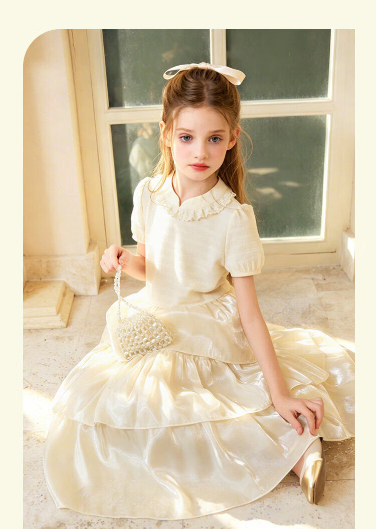 CHANZUIGOU Girls Mousse Cake Princess Dress 26 Summer New Children's Waterdrop Button Mid-Length Satin Dress 20